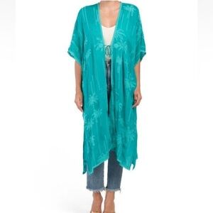 Johnny Was Palm Georgia Kimono Turquoise Teal Embroidered Long duster Jacket O/S